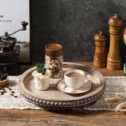 Nacidooka Wooden Coffee Table Tray Decor, Round Decorative Tray Brown Beaded Distressed Rustic Farmhouse Centerpiece for Dining Room Entryway Kitchen Counter Candle Holder Organizer