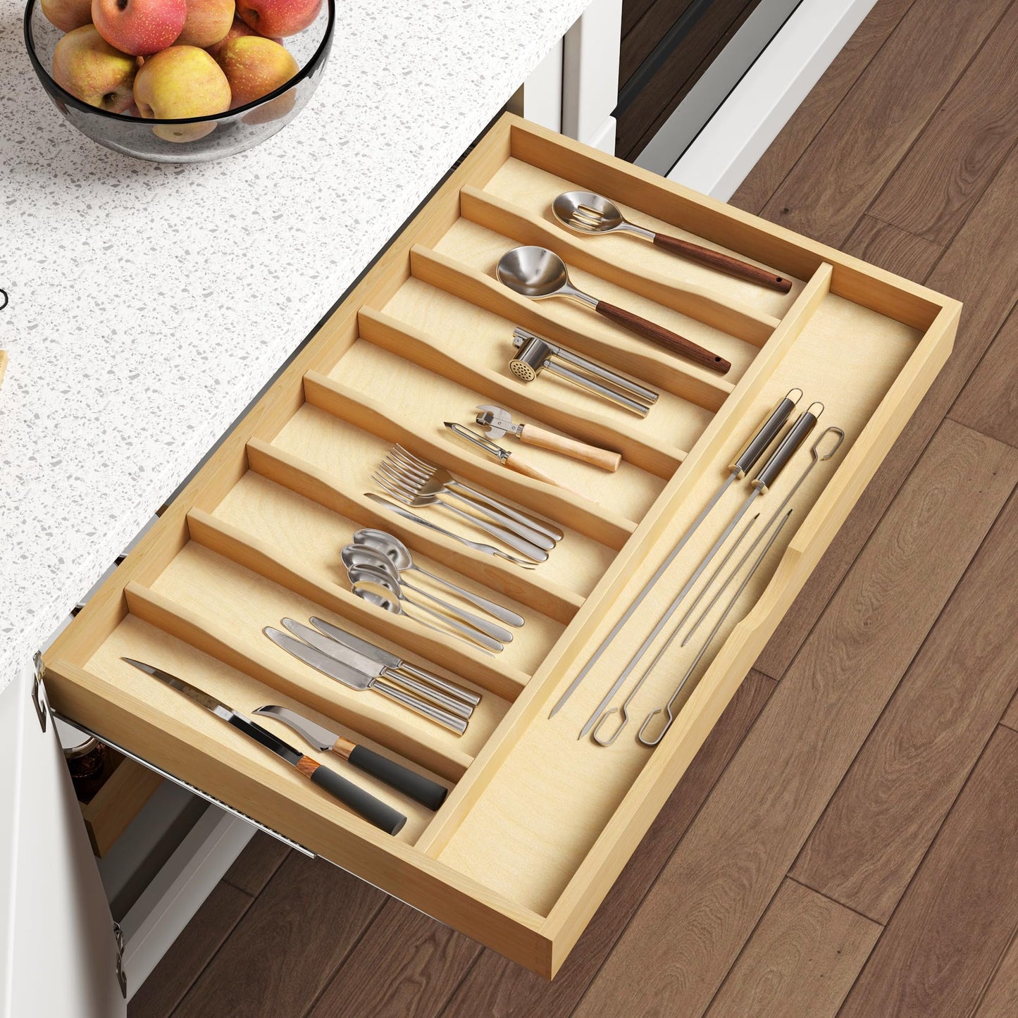 WelFurGeer Solid Birch Wood Silverware Drawer Organizer, Wooden Cutlery Drawer Organizer, Utensil Tray for Kitchen Drawers, Kitchen Utensil Organizer for Silverware, Flatware, Spoons, Forks, Knives