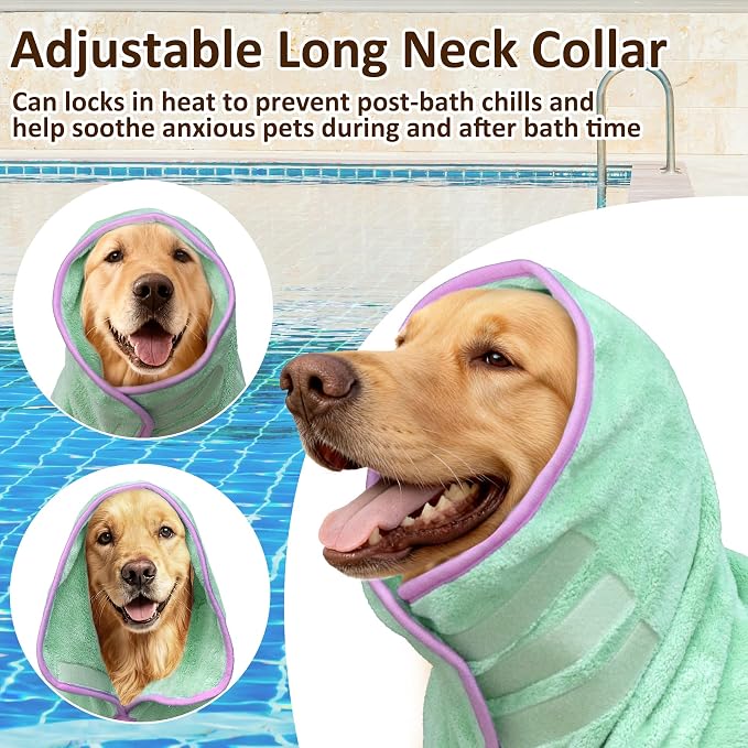 Soft Dog Bathrobe Fast Drying Dog Coat, Super Absorbent Dog Towels for After Bath, Microfiber Pet Robe Adjustable Collar & Belly Warm Keeping Dogs Coat for Pet Dogs & Cats (Green, X-Large)