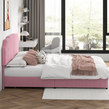 VECELO Full Velvet Upholstered Platform Bed Frame with 4 Rollers Storage Drawers,Full Size Bed with Tufted Height Adjustable Headboard,Wooden Slats/No Box Spring Needed/Easy Assembly