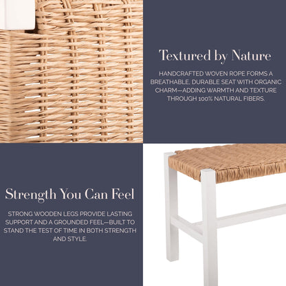Alaterre Furniture Newport 40 Inch Solid Wood Entryway Bench - Modern Farmhouse Indoor Decorative Bench with Handcrafted Woven Rope Seat - Furniture for Entryway, Dining Room, or Kitchen (White)