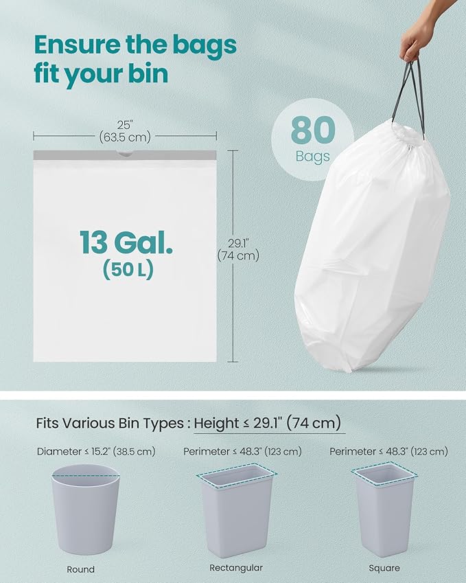 SONGMICS Trash Bags for 13-Gallon Trash Cans, Drawstring Kitchen Garbage Bags