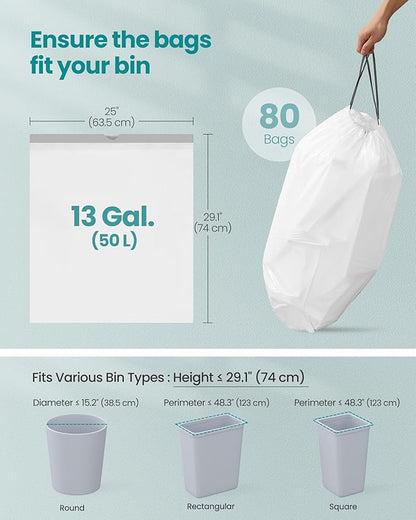 SONGMICS Trash Bags for 13-Gallon Trash Cans, Drawstring Kitchen Garbage Bags
