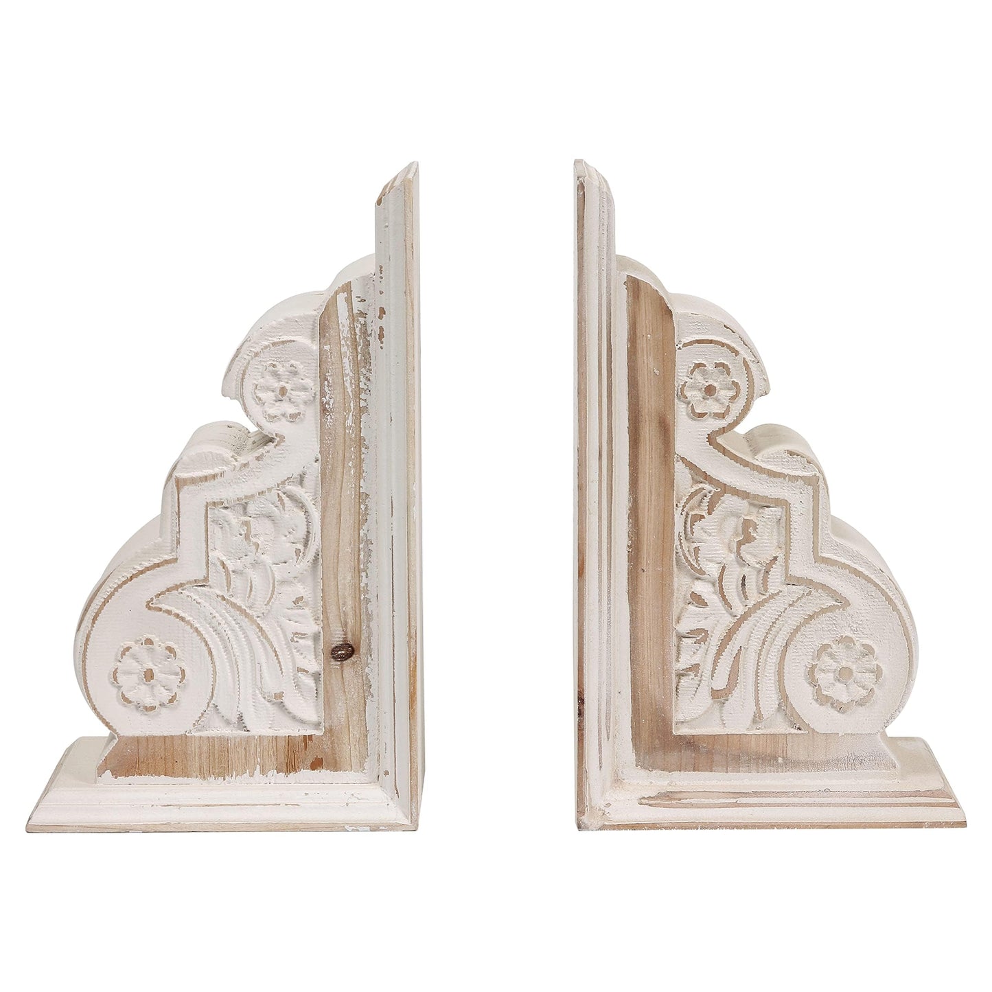 1 Pair Rustic Distressed Finish Wood Bookends, White Bookends Decorative Unique, Carved Pattern Farmhouse Book Ends for Shelves, Bookend for Heavy Books, Wooden Corbels for Home Room Decor