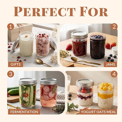 CycleMore 16oz Embossed Glass Mason Jars with Two Types of Lids – Set of 6 | One-Piece & Stainless Steel Split Lids. BPA-Free & Durable Glass. Dishwasher Safe. Non-Slip Grip. Vintage Style.