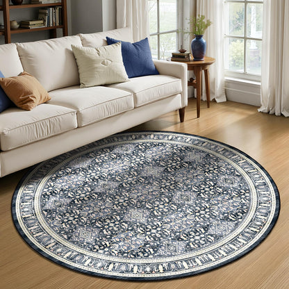 Jainmy Dark Blue Round Rugs 6ft for Living Room, Washable Non Slip Low Pile 6 Feet Circle Rug for Dining Room Kitchen, Boho Moroccan Floral Trellis 6x6 Round Carpet for Bedroom Home Office