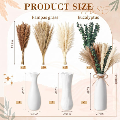 Hushee 3 Set Pampas Grass Decor with Ceramic Vases, 60 Pcs Dried Pampas Grass Arrangement, Boho Decor Set for Farmhouse Living Room Table Centerpiece Entryway Shelf Decoration