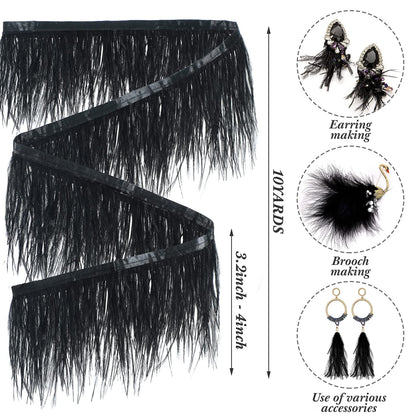 Janinka 10 Yards Black Ostrich Feathers Trims 3-4 Inch Feathers Fringe Trim Ribbon for DIY Dress Sewing Crafts Halloween Costumes Accessories