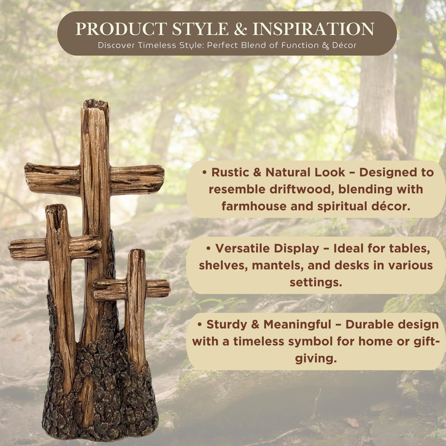 BestGiftEver Rustic Tabletop Resin Cross - Driftwood Design with Three Crosses on a Hill - Spiritual Home Décor for Living Room, Bedroom, and Gift for Family & Friends