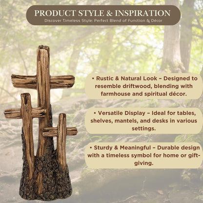 BestGiftEver Rustic Tabletop Resin Cross - Driftwood Design with Three Crosses on a Hill - Spiritual Home Décor for Living Room, Bedroom, and Gift for Family & Friends