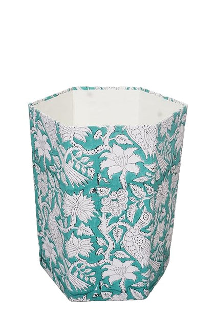3.3 Gallon Cotton Hand Block Printed Paper Waste Basket |Small Decorative Trash Can for Housewarming Gifts in Living Room, Bedroom, Bathroom | Eco-Friendly, Plastic-Free (1, L, Green White MOR)
