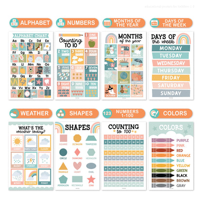 Hadley Designs 16 Educational Posters for Classroom Decor - Boho Educational Posters for Toddlers 1-3, Toddler Learning Posters for Kids Ages 3-5, Kindergarten & Preschool Classroom Must Haves