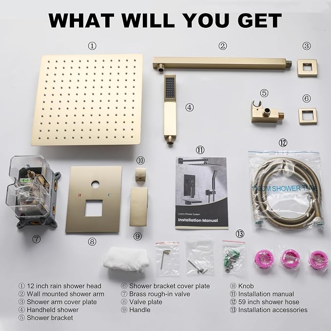 Brushed Gold Shower System with 12-Inch Rain Showerhead and Handheld | Innovative air-injection technology for low pressure, high-flow rate up to 3.22 GPM ensuring powerful consistent stream