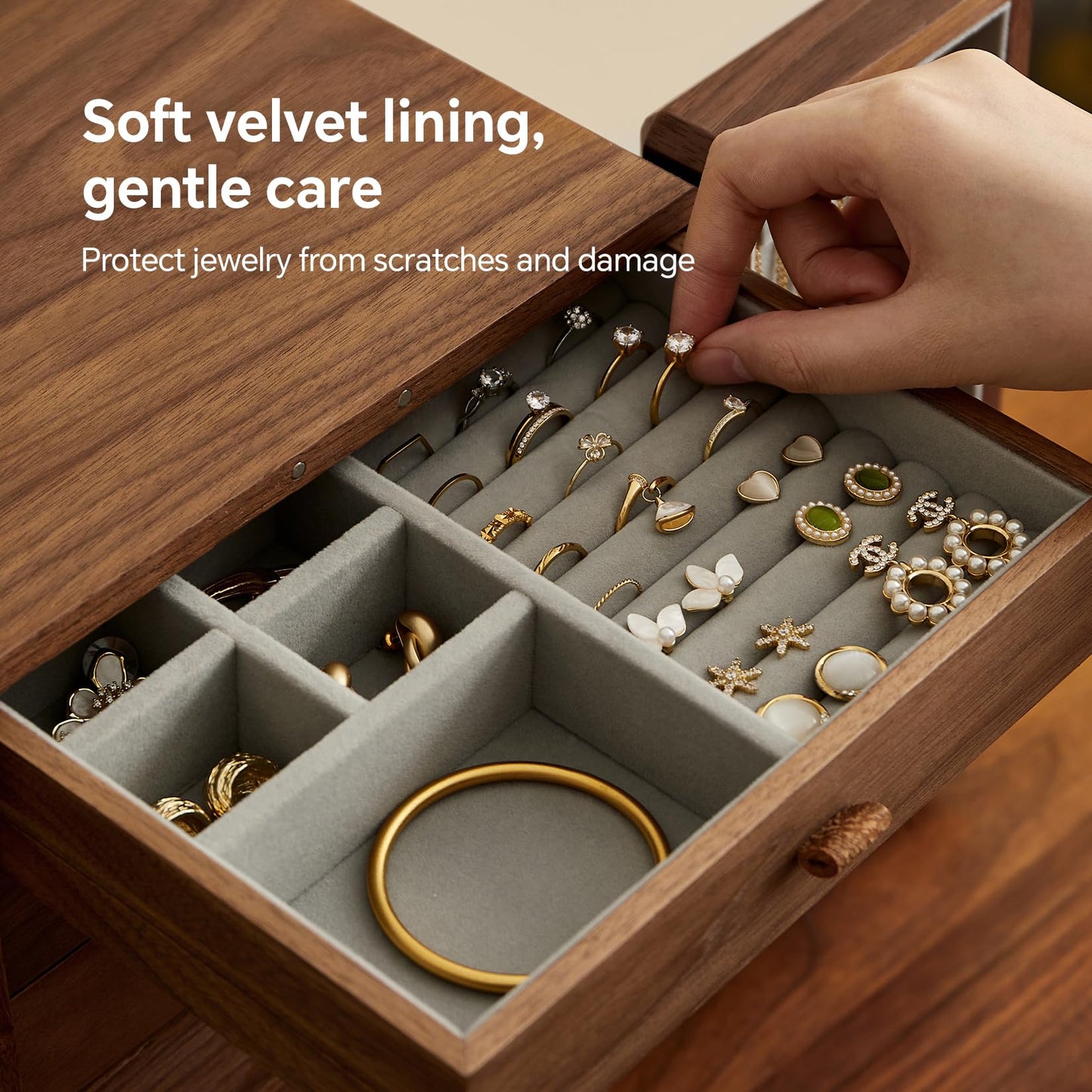 THFLSTR Black Walnut Wood Wooden Jewelry Box for Women, Large Velvet Lined Jewelry Organizer with 5 Drawers & Brass Feet, Earring Jewelry Box Organizer, Traditional Chinese Pattern Handles