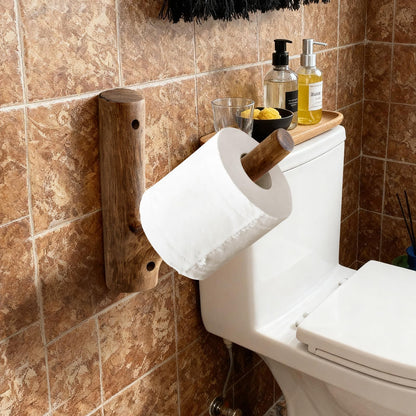 Wooden Toilet Paper Holder Wall Mount - Self-Adhesive Bathroom Tissue Holder, Retro Bohemian Farmhouse Style, No Drilling for Small Spaces Bathrooms RVs and More - Walnut Color