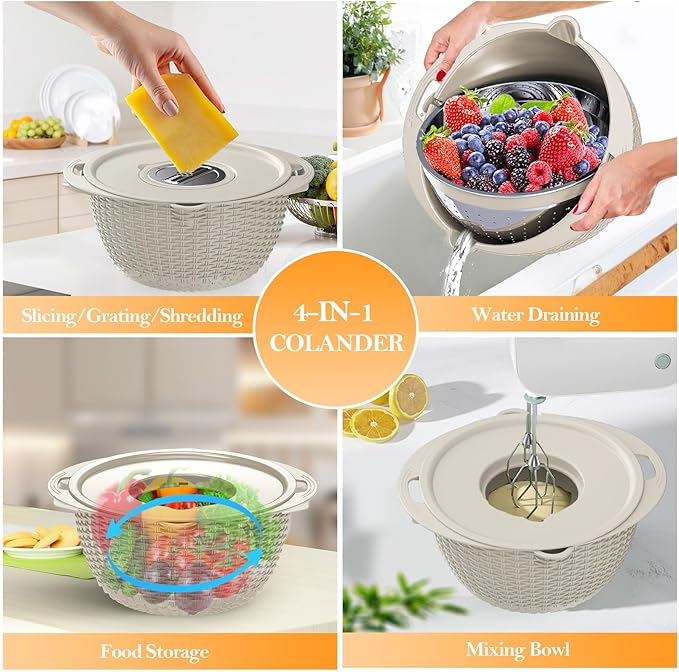 4-1 Colander with Bowl Set, Food Strainers and Colanders, Fruit Washing Bowl