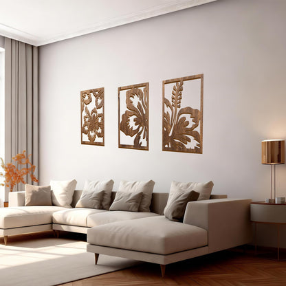 Motivilla 3 Pieces Wood Wall Art Floral Decor, 3D Layered Flowing Flower Wooden Wall Sculptures, Nature Inspired Hanging Aesthetic Decor for Living Room Bedroom Office (Dark Flower, Large)