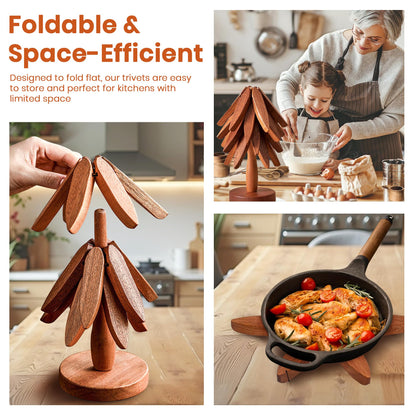 5Pcs Wooden Trivets for Hot Dishes - Heat Resistant Hot Pads for Kitchen, Tree Shaped Wood Trivet Set of 5 with Stand, Walnut Wooden Kitchen Accessories for Pots and Bowls (Walnut Wood 5)