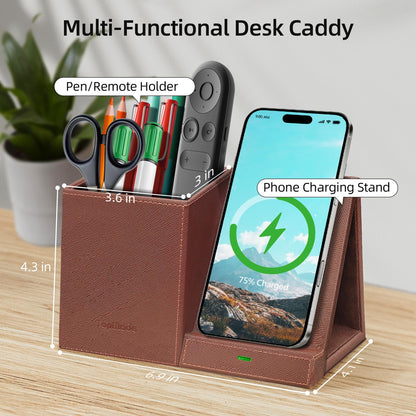 TopMade Wireless Charger with Pen Holder, Multi-functional Desktop Organizer and Storage, Home Office Supplies Desk Accessories, Pencil/Remote Holder with Fast Charging Phone Stand (Brown)