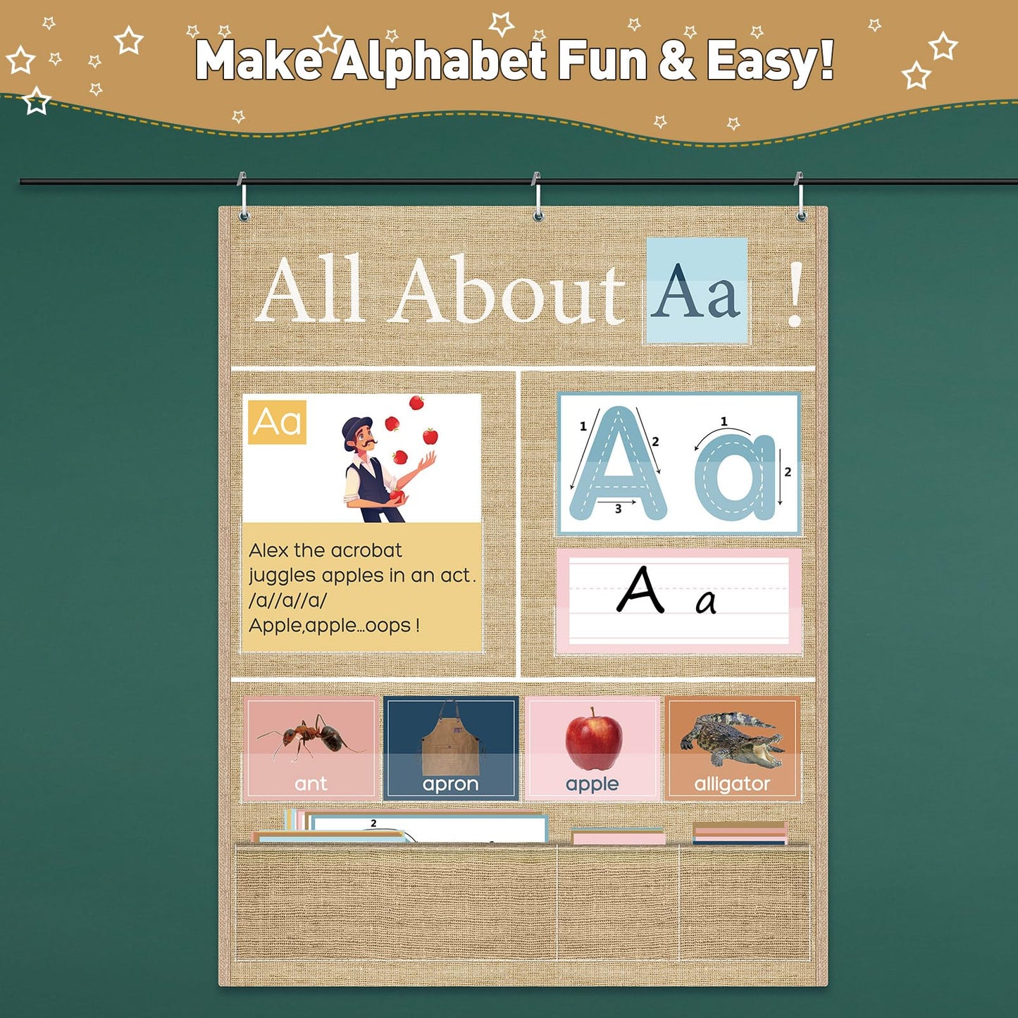 Blosssound 34 x 27 All About Letter Pocket Chart 103 ABC Flash Cards Letter of The Day Week Chart Alphabet Tracing Educational Wall Poster Teachers Homeschool Learning Activities(Brown)