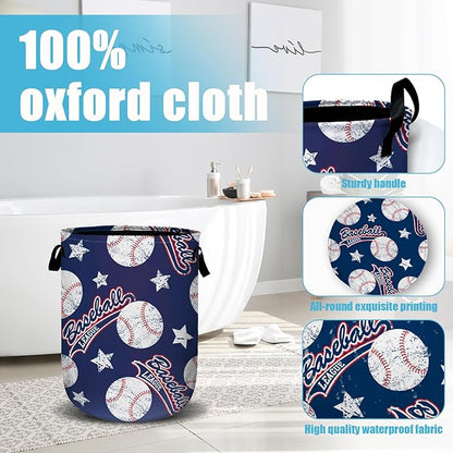 Baseballs and Stars Laundry Basket, Laundry Hamper Collapsible Oxford Cloth
