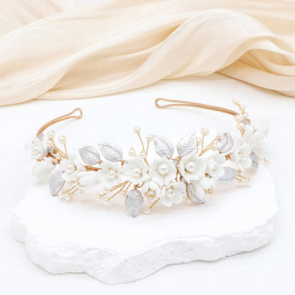 Oriamour Bridal Headband With Pearls Leaves Design Wedding Headbands For Women Girls Bridal Headpiece For Birthday Prom Parties (Gold)