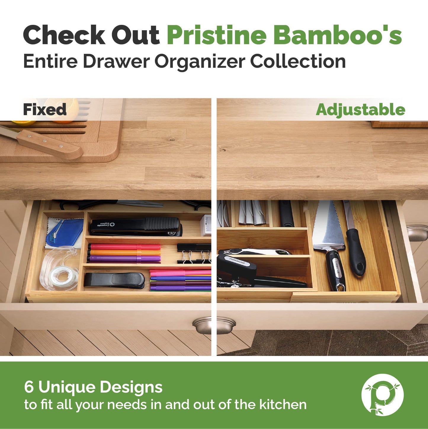 Pristine Bamboo Silverware Organizer - Small Extra-Deep Wooden Kitchen Drawer Organizer Divider for Spoons, Forks, Knives & Cutleries - 5 Slots
