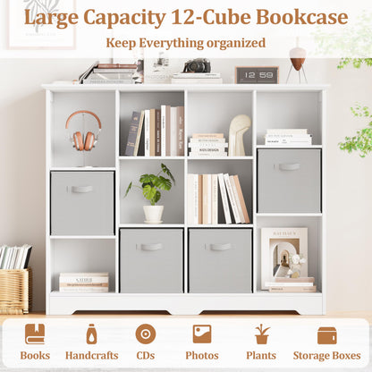 METOTI 12 Cube Storage Organizer Shelf, Wood Cubby Storage with 6 Fabric Drawers, 3 Tier Wooden Bookshelf with 2 Adjustable Shelves & Fluted Side Panels for Bedroom, Living Room, Home Office, Whtie