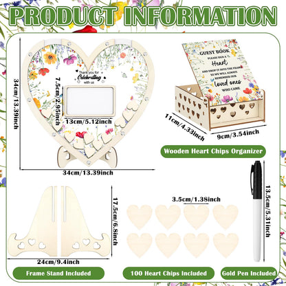 Chunful Wedding Hearts Guest Book Alternative with 100 Wooden Hearts Chips Storage Box and Pen Brown Wooden Theme Heart Picture Frame Rustic Guest Book Reception for Wedding Ceremony (Wildflower)