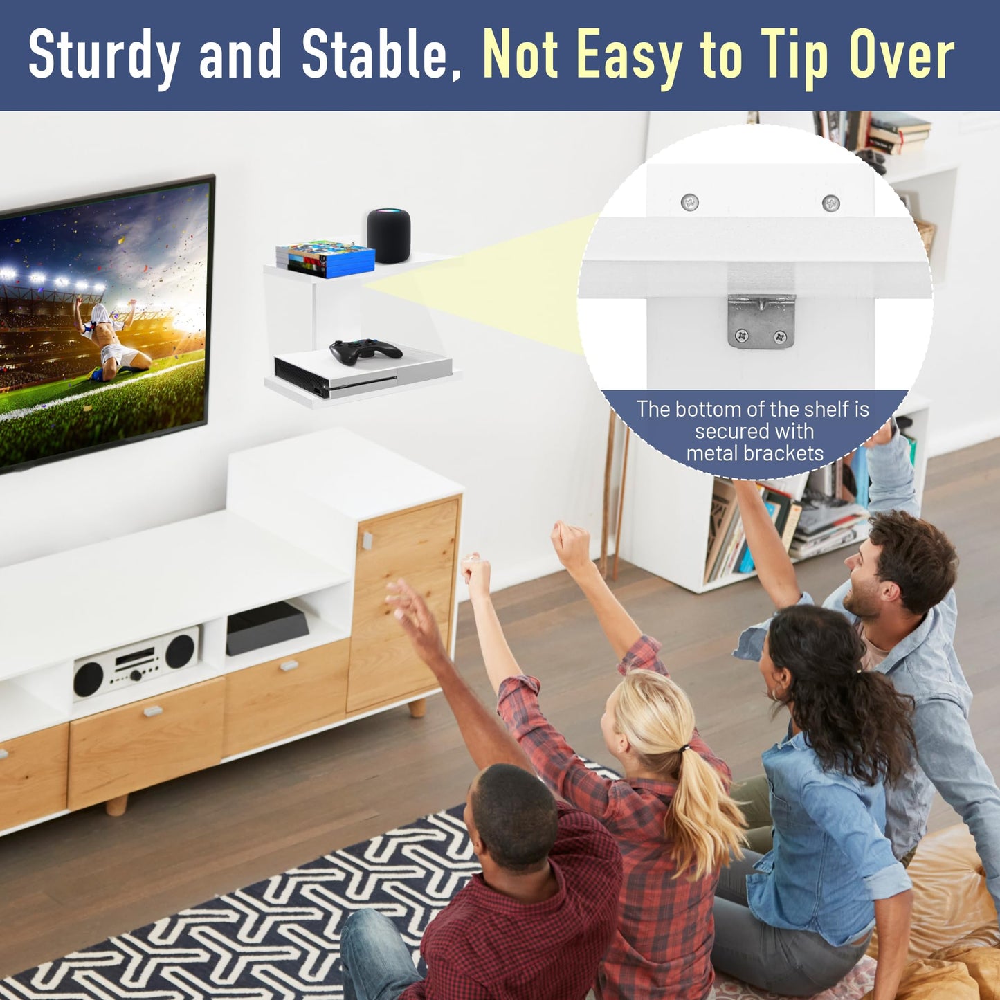 NIUBEST Floating Projector Wall Mount TV Shelf,Wooden Wall Mounted Under TV Floating Shelf for Projector, PS5, DVD Player,Game Console, Cable Box,2Tiers（White）