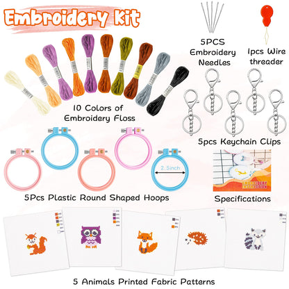 WATINC 5Pcs Embroidery Kit for Kids Stamped Cross Stitch DIY Key Chain with Woodland Animal Patterns Needlepoint Starter Kits Craft Supplies for Beginners Adults Schoolbag