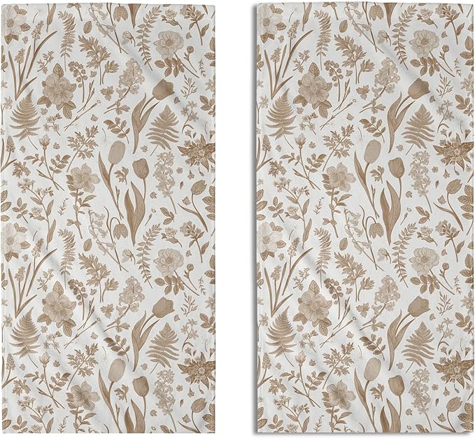 Spring Floral Hand Towels for Bathroom Set of 2 Brown White Flower Leaves