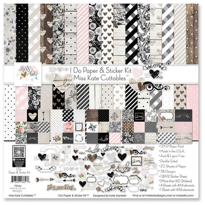 Paper & Sticker Kit - I Do - Wedding - 20 Double-Sided 12x12 Papers with 39 Designs & 1 8X12 Sticker Sheet - Scrapbooking Card Making Crafting - by Miss Kate Cuttables