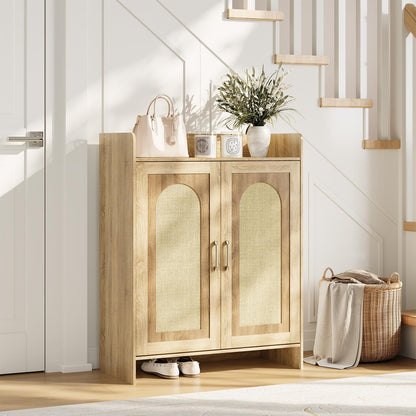 Garvee Shoe Cabinet Storage for Entryway, Rattan Storage Cabinet, Wooden Shoe Rack with 2 Doors, Farmhouse Boho Wood Shoe Organizer Cabinet for Entrance Hallway Living Room Foyer