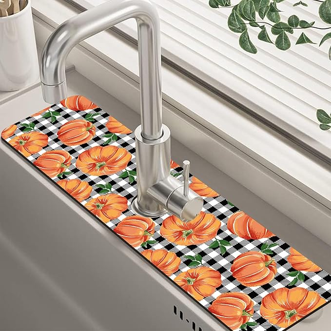 Thanksgiving Pumpkin Kitchen Sink Splash Guard Mat Buffalo Plaid Absorbent Fast