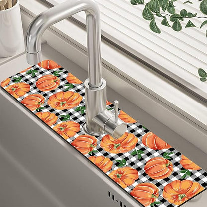 Thanksgiving Pumpkin Kitchen Sink Splash Guard Mat Buffalo Plaid Absorbent Fast