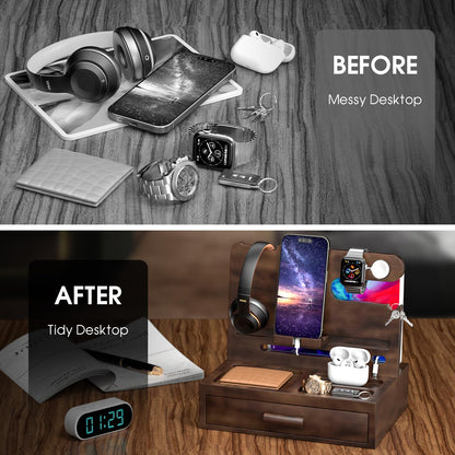 melafa365 Nightstand Organizer for Men,Phone Docking Station with Cable Management,Night Stand with Drawer,Bedside Organizer for Watches,Keys,Wallets,Gifts for Men(Brown)