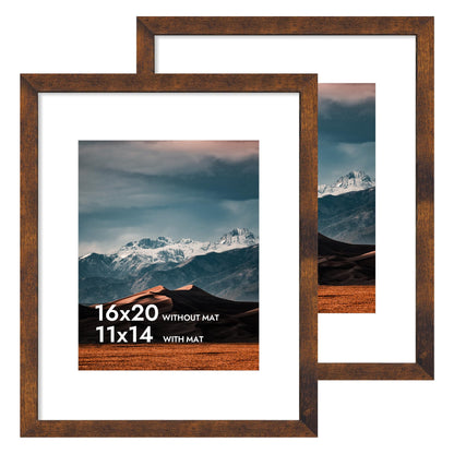 iRahmen 16x20 Poster Frame with 11x14 Mat - Plexiglass Wooden Picture Frames for Photo Wall Gallery Mounting (Dark Brown, Set of 2)