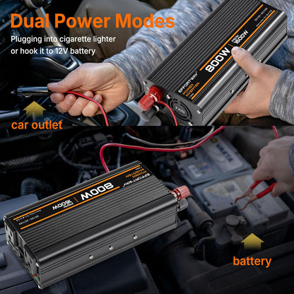 EFFORTWAY 800W Power Inverter, Inverter 12V to 110V with 2 AC Outlets, 2.1A USB Port, Car Power Inverter with Alligator Battery Clamp for Phone, Laptop on Camping, Road Trip