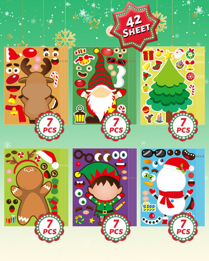 42 Sheets Christmas Party Favors Stickers, Christmas Crafts Make Your Own Sticker, Gifts for Classroom Student Stocking Stuffers Goodie Bag Activities Game Holiday Sticker for Kids