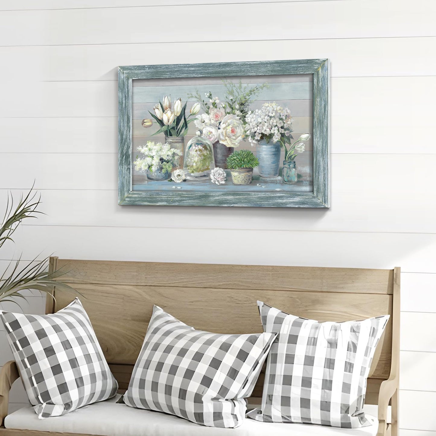 Abstract Bouquet Wooden Framed Artwork: Botanical Flowers in Vase Wall Art Print Painting Modern Floral Nature Plant Picture for Living Room Bedroom Farmhouse