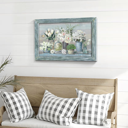 Abstract Bouquet Wooden Framed Artwork: Botanical Flowers in Vase Wall Art Print Painting Modern Floral Nature Plant Picture for Living Room Bedroom Farmhouse