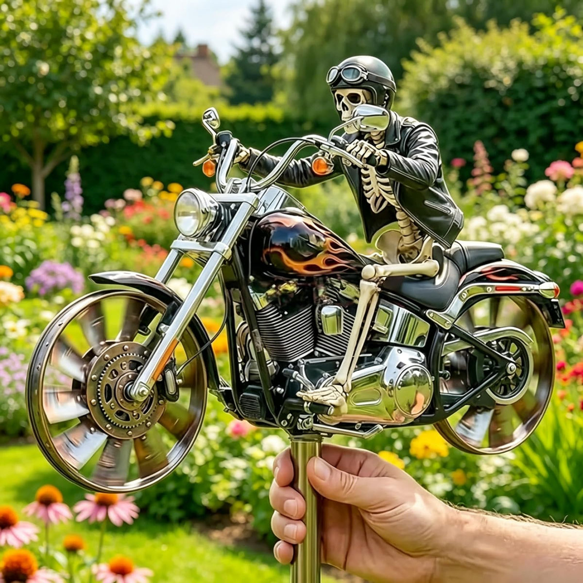 Skeleton Motorcycle Wind Spinner, Biker Skull Windmill Stake with Rotating Wheels, Resin Outdoor Sculpture Ornament for Patio Yard Garden1