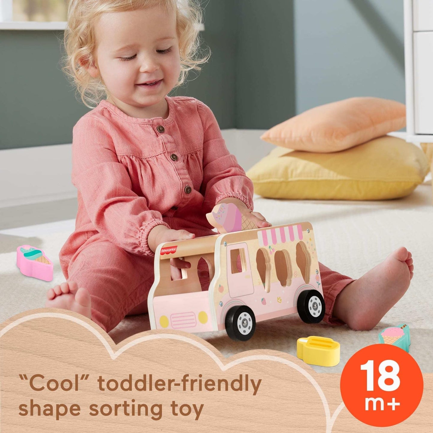 Fisher-Price Toddler Shape Sorting Playset Wooden Ice Cream Truck, 8 Wood Pieces for Developmental Play Ages 18+ Months (Amazon Exclusive)