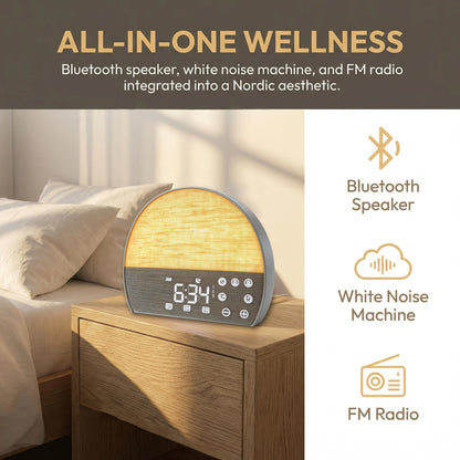 PAWPAWSEN Sunrise Alarm Clock with Bluetooth Speaker & FM Radio - Dual Wake Up Light, 30 Soothing Sounds, Sunset Sleep Aid, Minimalist Aesthetic for Heavy Sleepers, Kids & Bedroom Decor