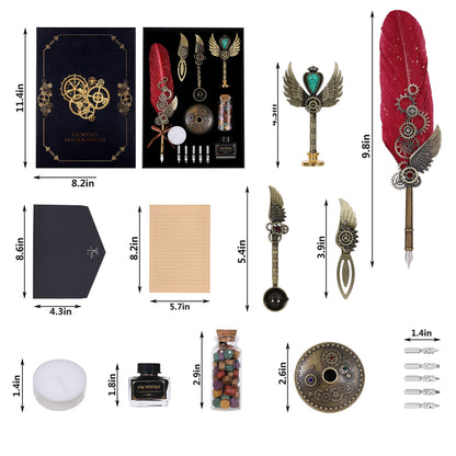 Facwxiao Quill Pen Set, Feather Pen, Ink, Bookmarks, Seals, Nibs, Wax Bead, Envelopes, Writing Paper, Gift Box, Red