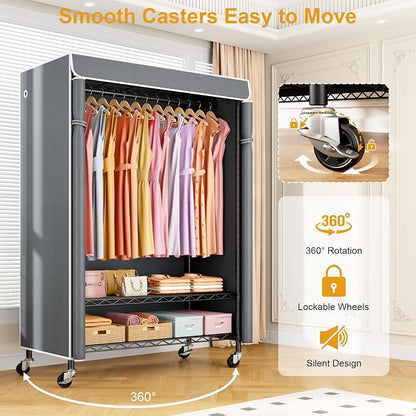 ULIFHOME P6C Plus Rolling Clothes Rack with Cover, Covered Clothing Rack Heavy Duty, Portable Closet for Hanging Clothes, Garment Rack on Wheels, Black Closet Rack with Gray Cover, Max Load 375LBS