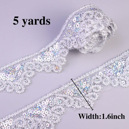 Silvery Lace Trim 5 Yards Beaded Lace Ribbon Applique Sequin Lace Mesh Trim for Sewing Crafts 1.6inch