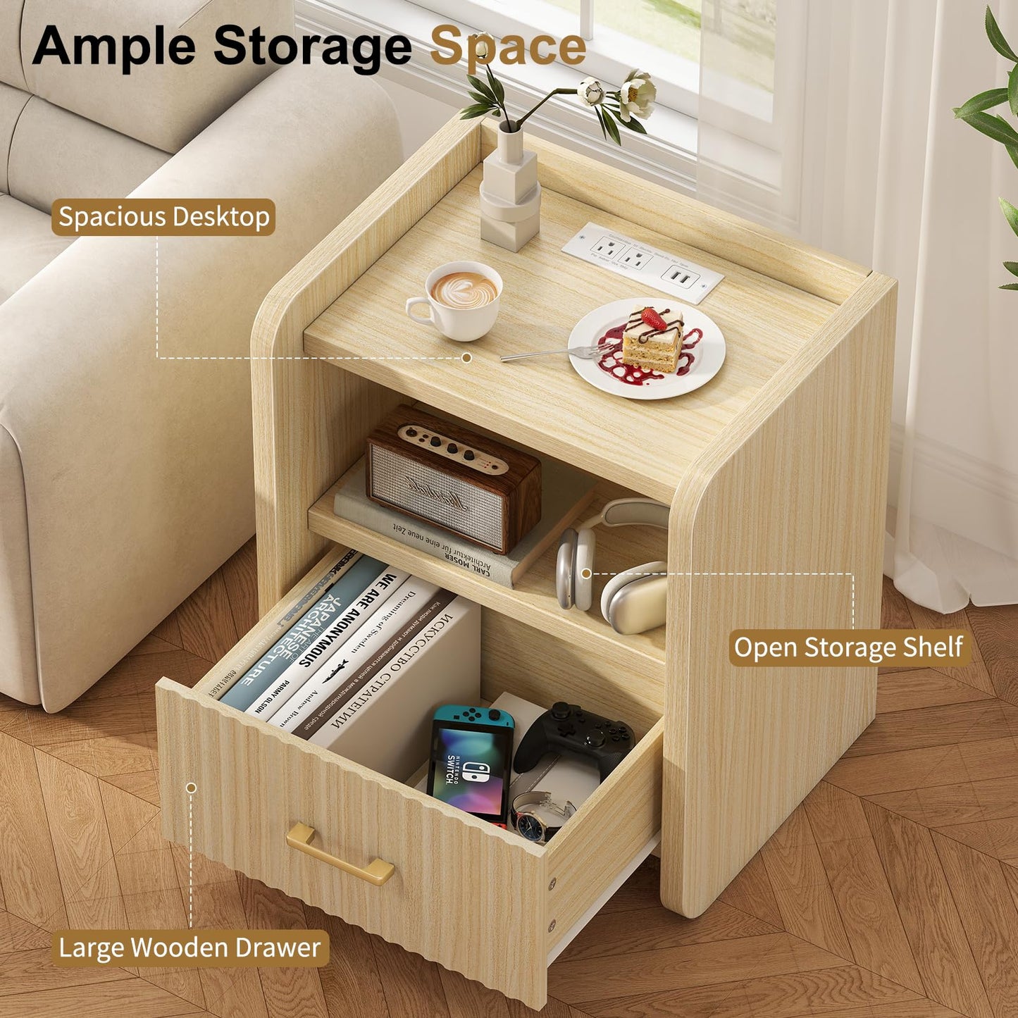 Curlaky Night Stand with Charger Station - Modern Wood Nightstand with Drawer Storage, Fluted Wide Nightstands Bedside Table, Mid Century Night Stands for Bedroom Home Office Sofa, Natural