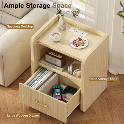 Curlaky Night Stand with Charger Station - Modern Wood Nightstand with Drawer Storage, Fluted Wide Nightstands Bedside Table, Mid Century Night Stands for Bedroom Home Office Sofa, Natural